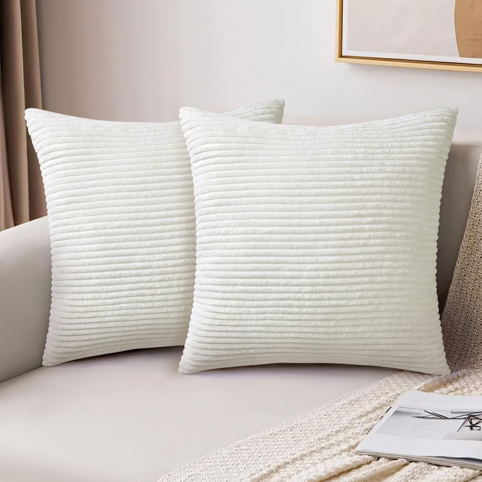 AUAUY Corduroy Cushion Covers, 40 x 40cm Pack of 2 Super Soft Corduroy Beige Cushion Covers, Decorative Modern Pillow Covers Soft Pillowcase Cushions for Home Spring Decor Sofa Couch-Striped — image 1