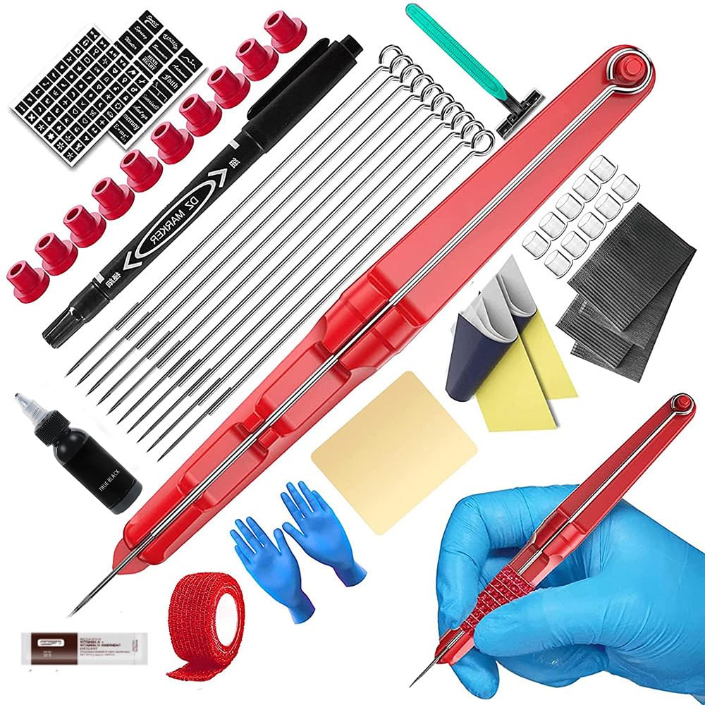 FONPOO Stick and Poke Tattoo Kit, Hand Poke Pen with 2Pcs Tattoo Stencil Pattern 10 Pcs Needles 30ml Black Tattoo Ink, Beginner Hand Poke and Stick Kit