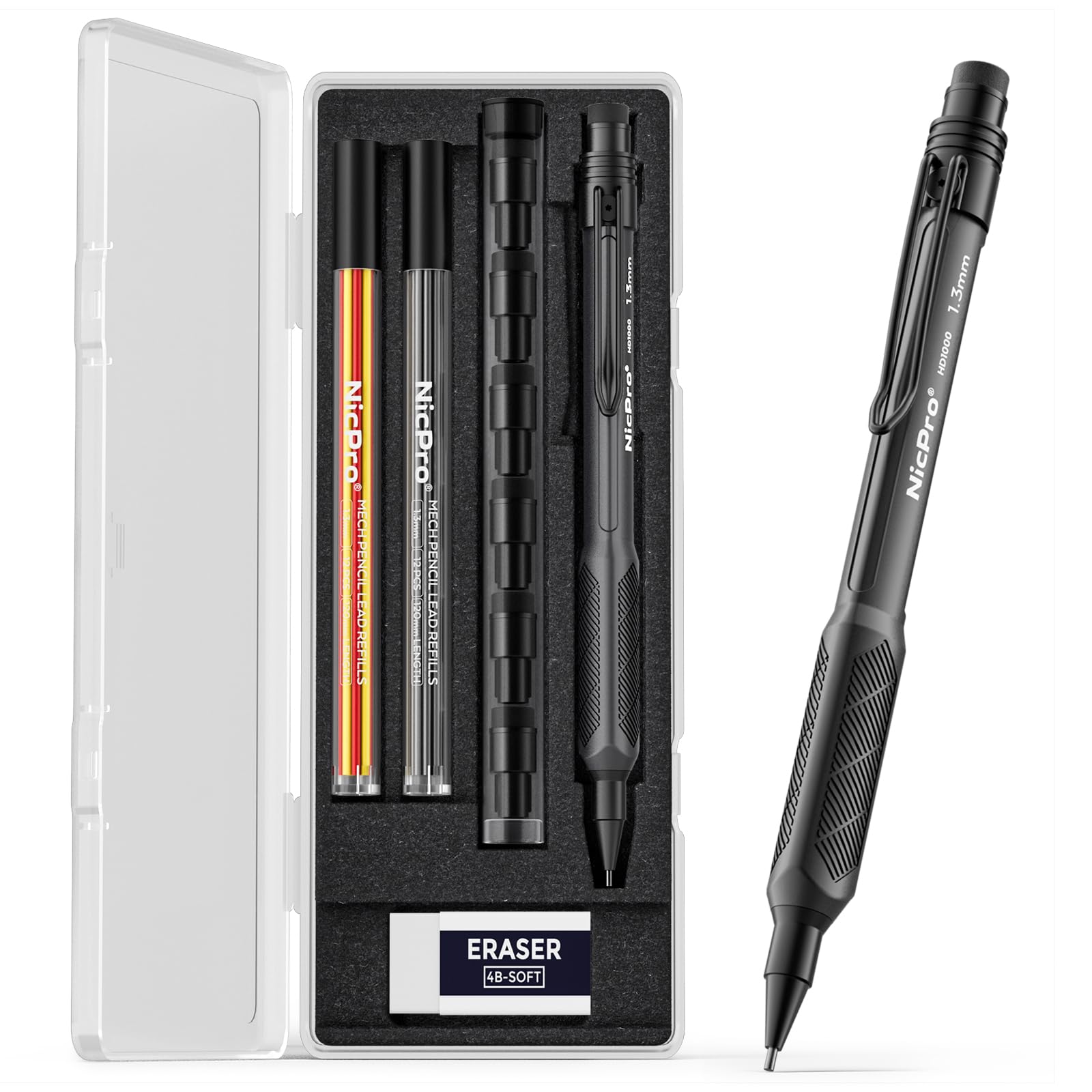 Photo 1 of Nicpro 1.3mm Weatherproof Mechanical Pencil Set, HD1000 Metal Mechanical Pencils Heavy Duty Pencil for Outdoor All Weather Marking Drafting Drawing with 25 Lead Refills, Erasers, Case (Black)