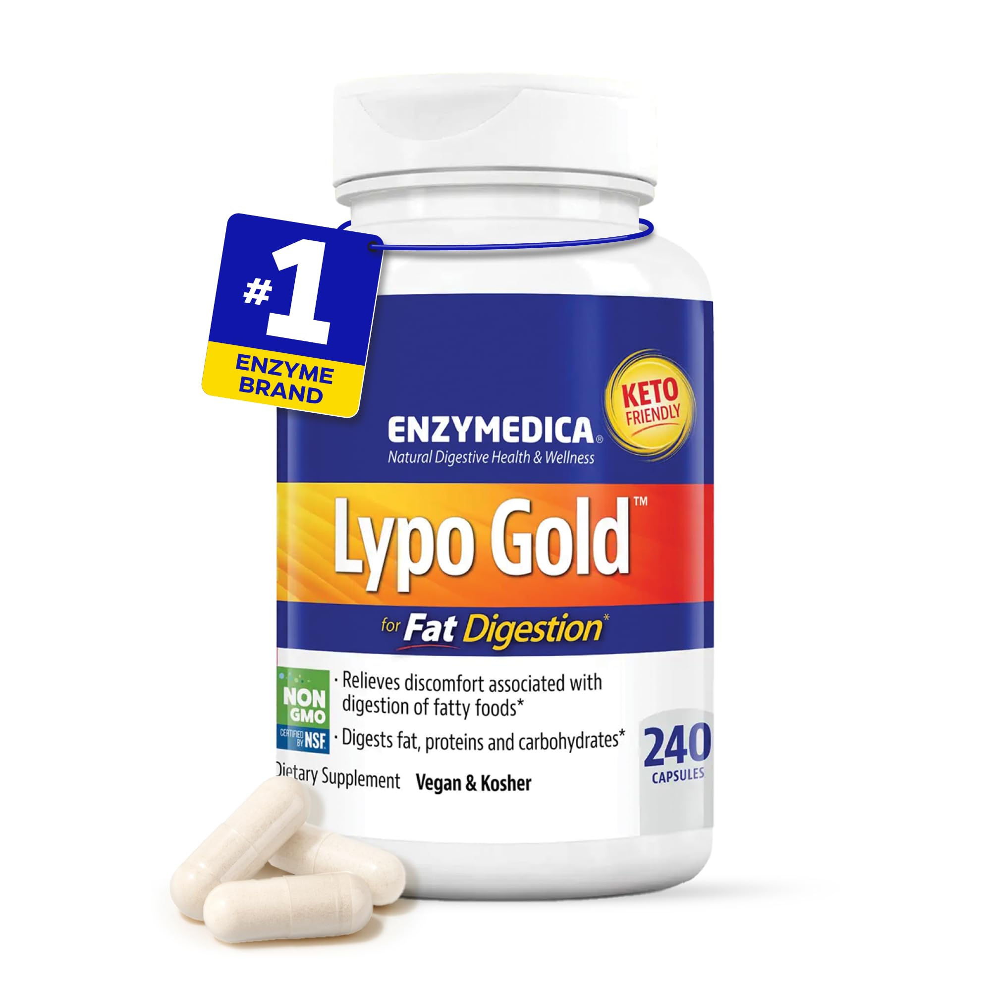 Enzymedica, Lypo Gold, for Fat Digestion, Digestive Enzymes Blend, Dietary Supplement, 240 Capsules, Vegan, Gluten-Free, Soy-Free, Non-GMO