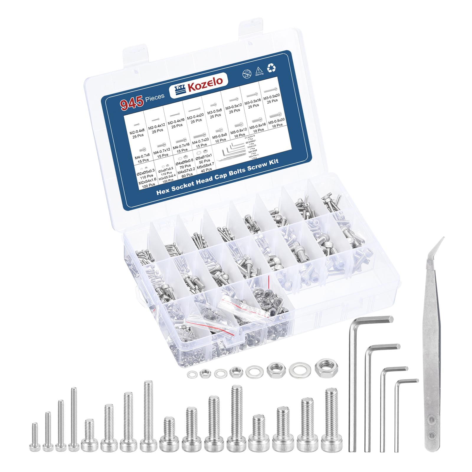 Kozelo 945pcs Socket Head Cap Screws Bolts Nuts Assortment Kit - [M2/M3/M4/M5] 304 Stainless Steel Allen Socket Drive for 3D Printer with Allen Wrench