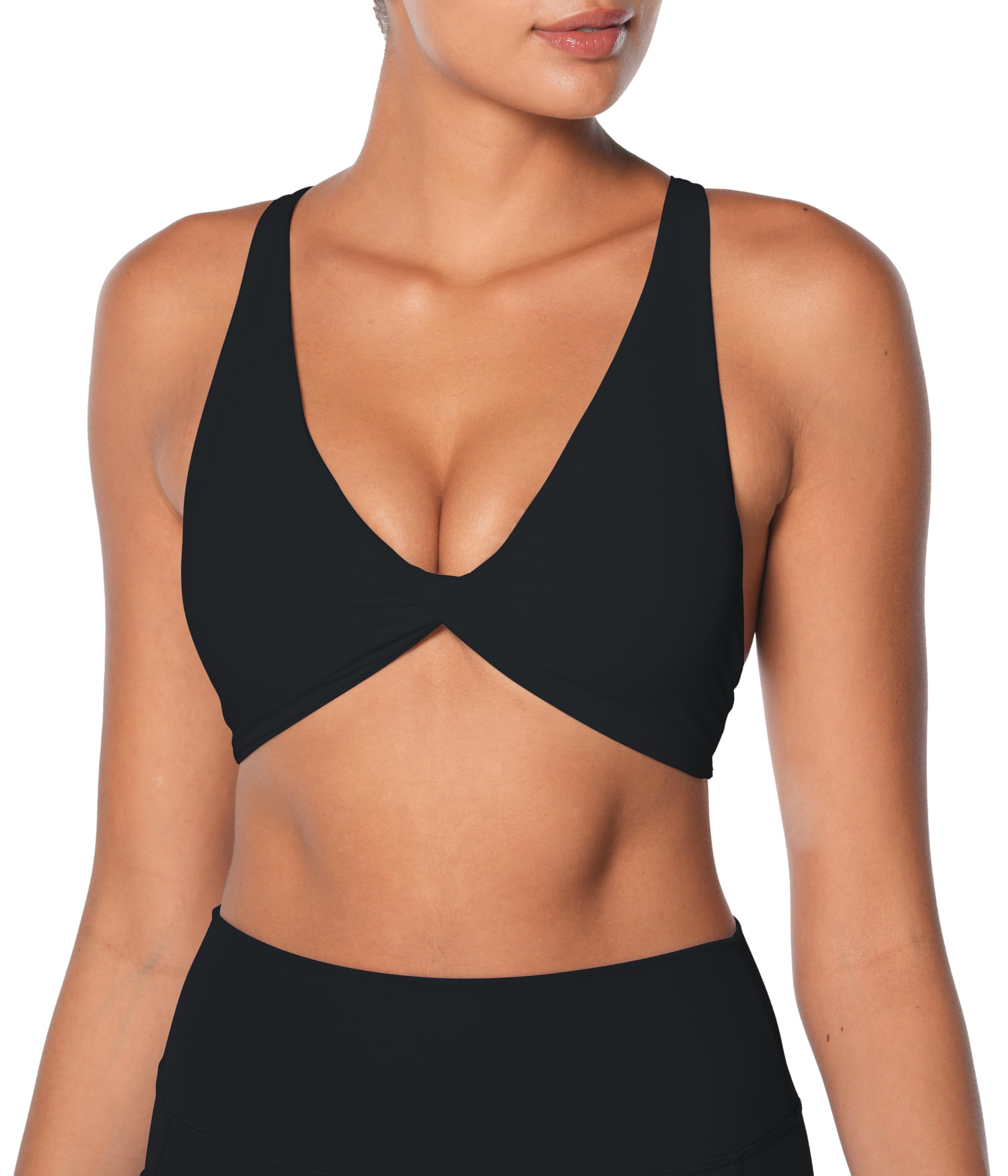 Photo 1 of Sunzel Women's V-Neck Twist Sports Bra Low Impact with Removable Pads Cross Backless Straps Going Out Casual Padded Bralette Black Medium