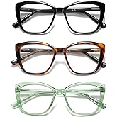 PUBOWT Oversized Reading Glasses For Women Cat Eye Blue Light Blocking Computer Reader Stylish Ladies Designer Unbreakable Large Fashion Eyeglasses 3pack Black Leopard Green PT2001A 1.25+ Strength