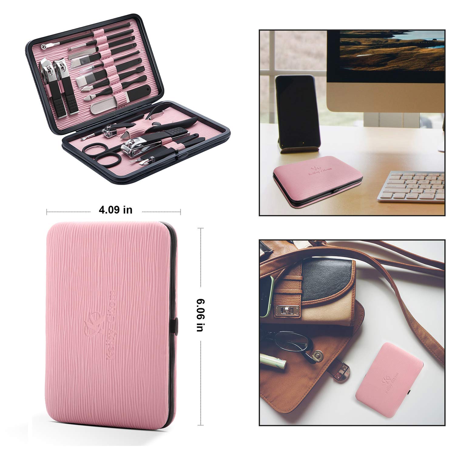 Manicure Set Professional Nail Clippers Kit Pedicure Care Tools- Stainless Steel Women Grooming Kit 18Pcs for Travel or Home (Pink) : Beauty