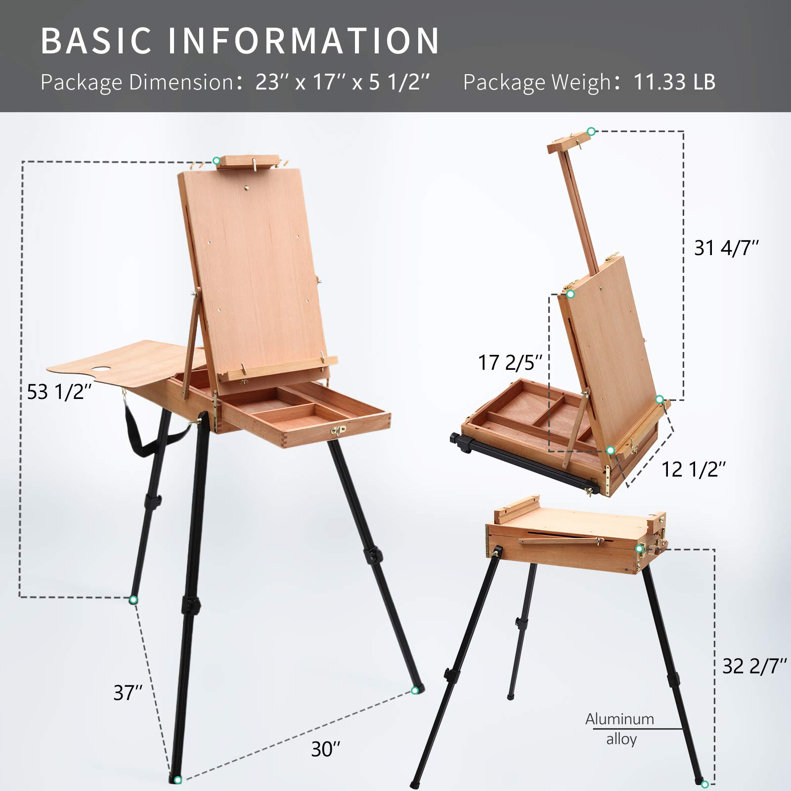 Falling in Art Light Weight French Style Field and Sketchebox Easel with Aluminum Tripod, Adjustable Beechwood Tripod Standing Easel with Drawer, Palette