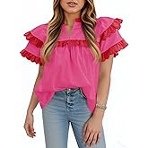Tankaneo Womens Ruffle Sleeve Babydoll Tops Color Block Summer V Neck Pleated Blouse Dressy Casual Loose Fit Shirts