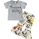 vchoohce 2Pcs Toddler Baby Girl Clothes Letter Print Short Sleeve T-Shirt Top Bell-Bottom Pants Western Cowgirl Outfit Set