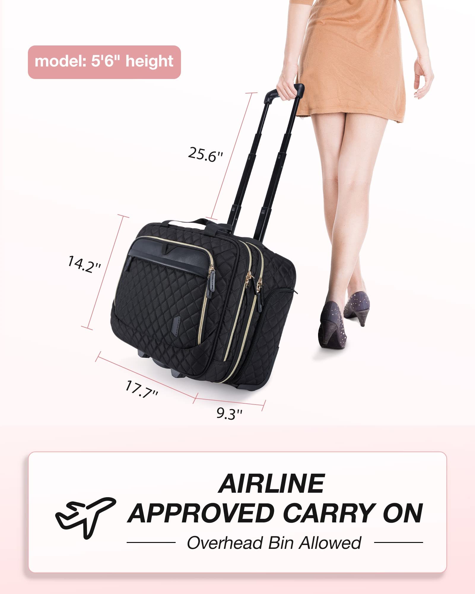 BAGSMART 17.3 Inch Rolling Laptop Bag for Women and Men, Briefcase With Wheels, Computer Case for Work Travel Business, Quilted Black
