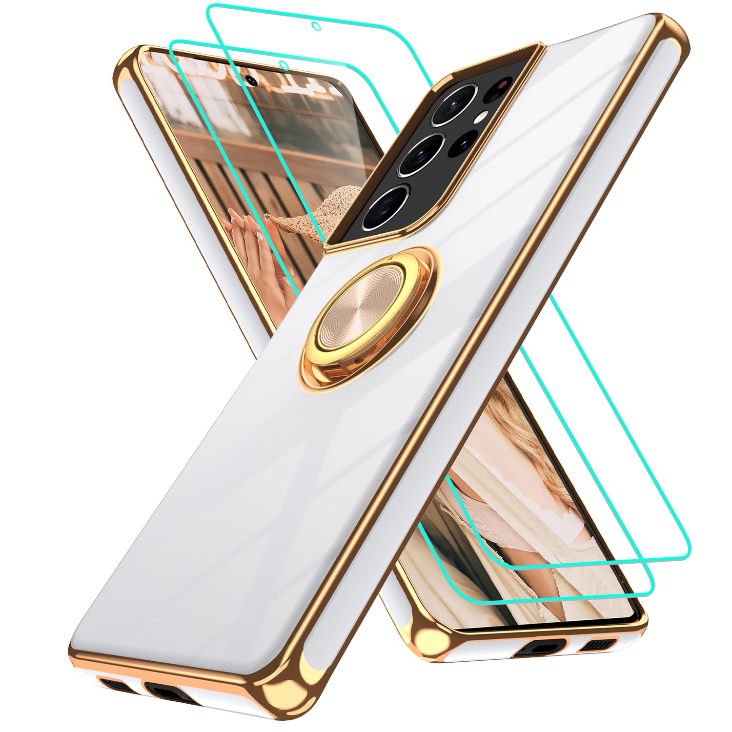 Photo 1 of for Samsung Galaxy S21 Ultra Case: with 2Pcs Screen Protector, 360° Rotation Ring Holder Magnetic Kickstand Plating Gold Edge Soft TPU Shockproof Protective Cover for S21 Ultra, White