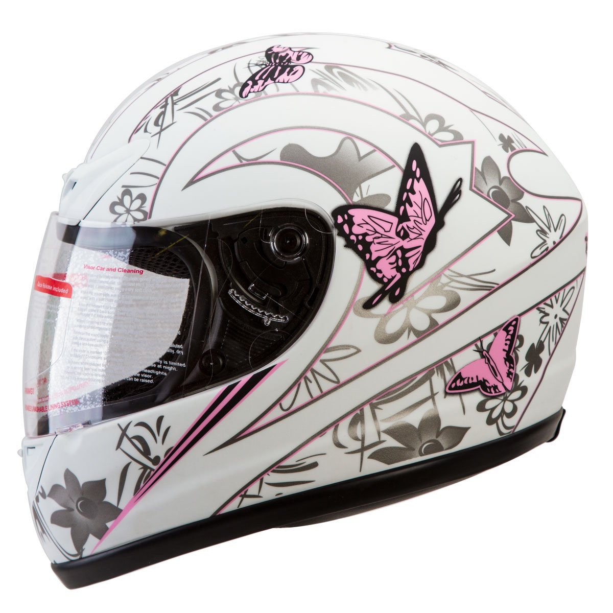 MATTE WHITE PINK BUTTERFLY FULL FACE MOTORCYCLE HELMET DOT (Medium) on