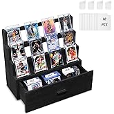 Emfogo Trading Card Display, 3-Tier Card Display Case with Custom Drawer, Wood Graded Card Display with Card Supporters and Dividers, Sports Card Display Case for Card Game Collection (Black)