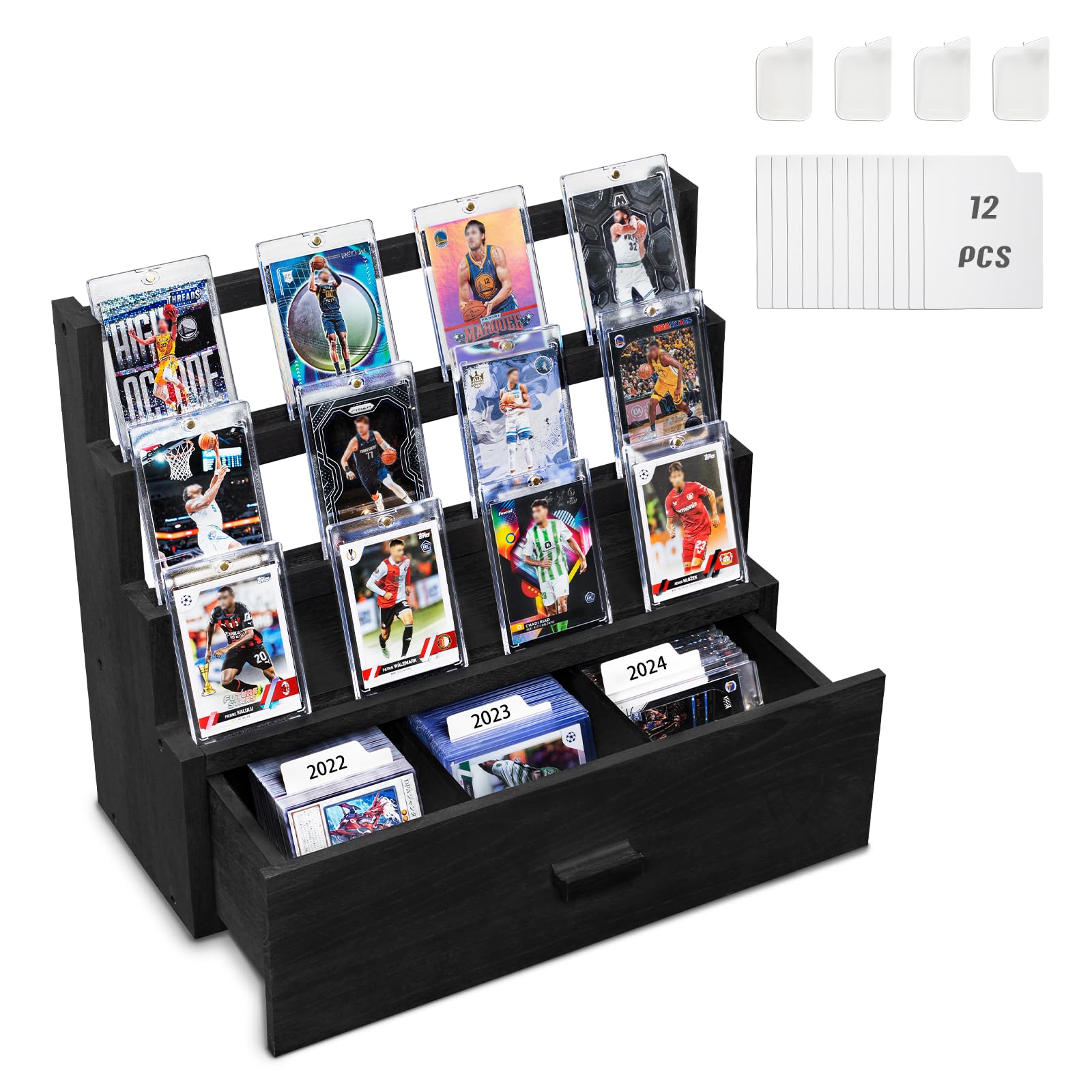 Emfogoo Trading Card Display, 3-Tier Wooden Trading Card Storage with Custom Drawer, Graded Card Storage with Card Supporters and Dividers, Sports Card Display Case for Card Game Collection (Black)