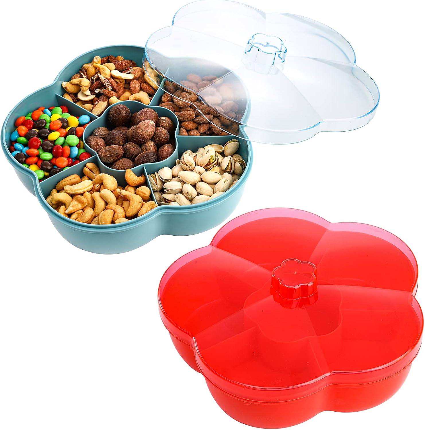 Yarlung 2 Pack 10 Inch Candy Nut Serving Container with Lid, Plastic Snacks Bowl 6 Compartment Dried Fruit Plate Organizer, Appetizer Tray, Food Storage Dish Platter, Flower Shaped, Red & Blue: Kitchen & Dining