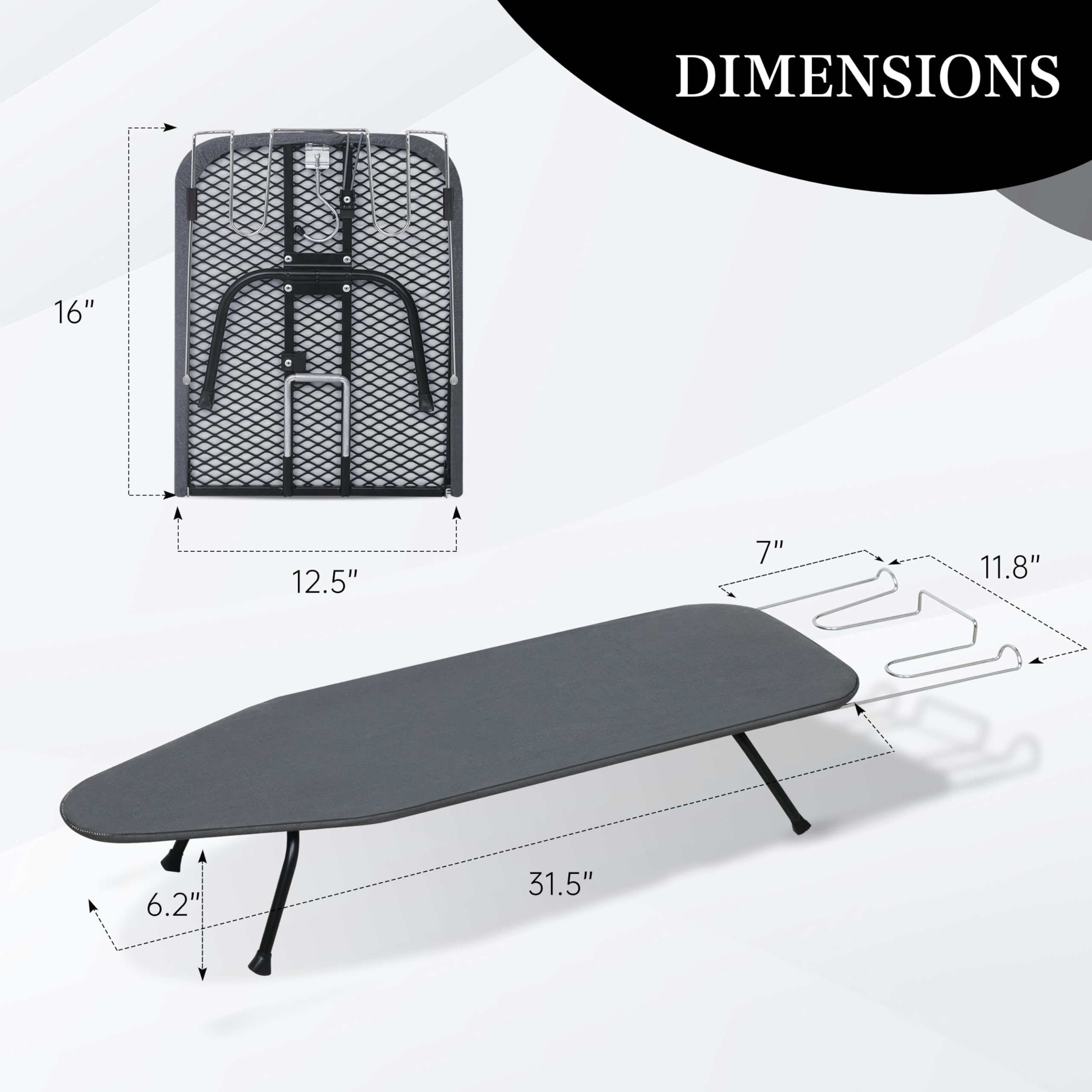 Metal Mesh Panel Tabletop Ironing Board | Foldable Iron Board | Heavy Duty Small Iron Board with Heat Resistant Cover and 100% Cotton 8mm Thicken Pad | 31.5
