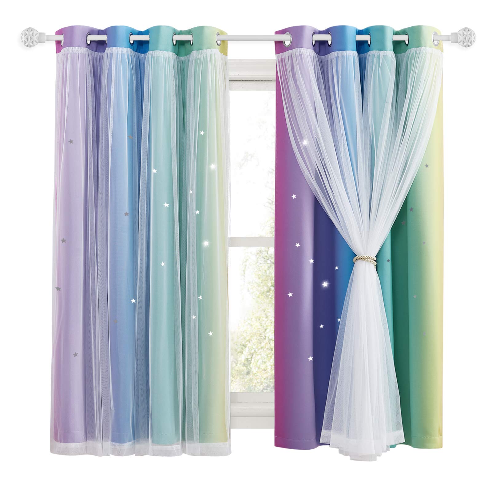 NICETOWN Kids Blackout Curtains - Stars Cut Out Thermal Curtains for Nursery Girls Boys Bedroom Living Room Rainbow Drapes with Eyelet, 2 Panels W52 x L63 Inch (132x160 cm), Purple Blue Green Yellow