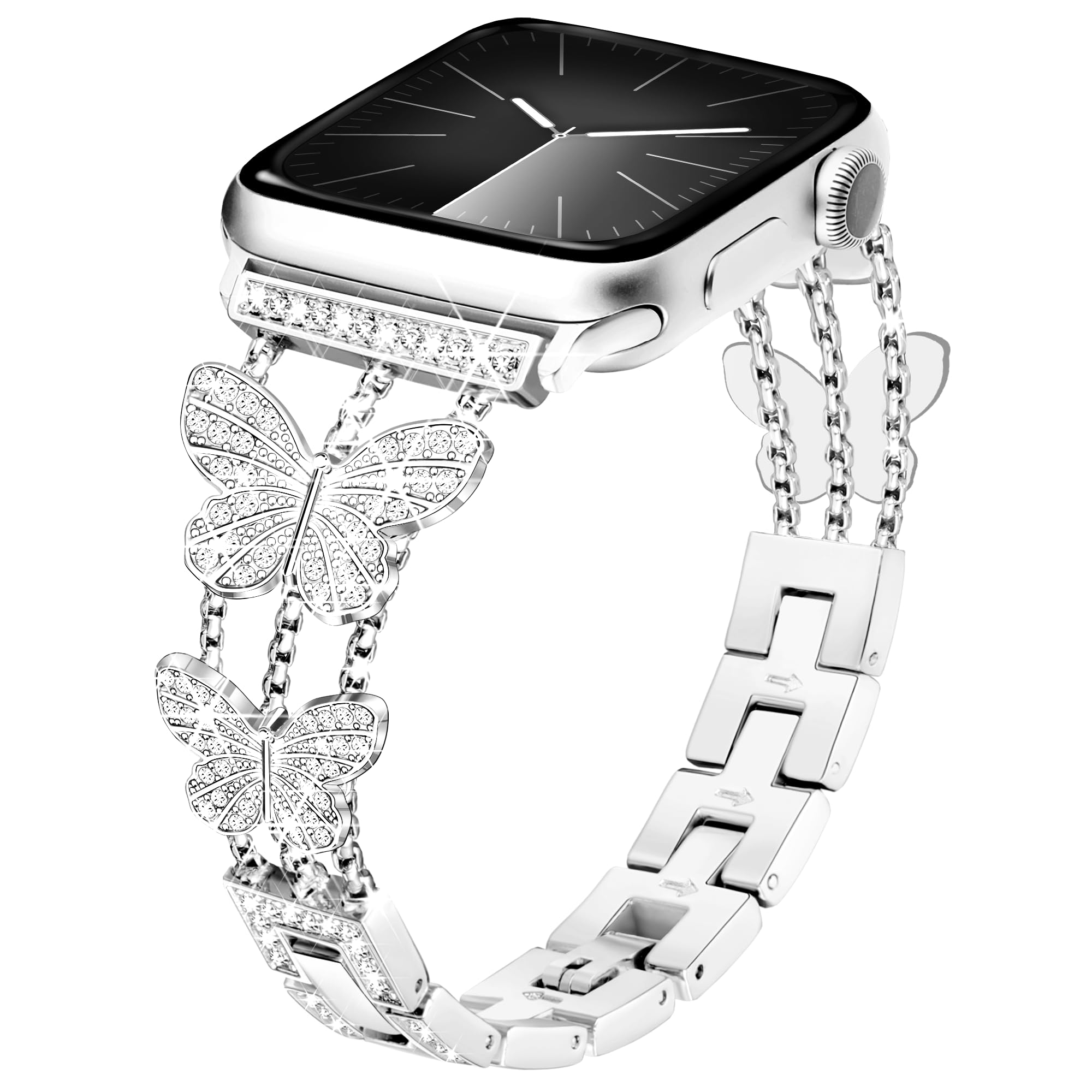 G-ficu Butterfly Band Compatible with Apple Watch Band 40mm 41mm 42mm(S10/11) 38mm iWatch SE Series 11 10 9 8 7 6 5 4 3, Thin Cute Metal Bands for Women, Fancy Bling Slim Diamond Dressy Strap-Silver
