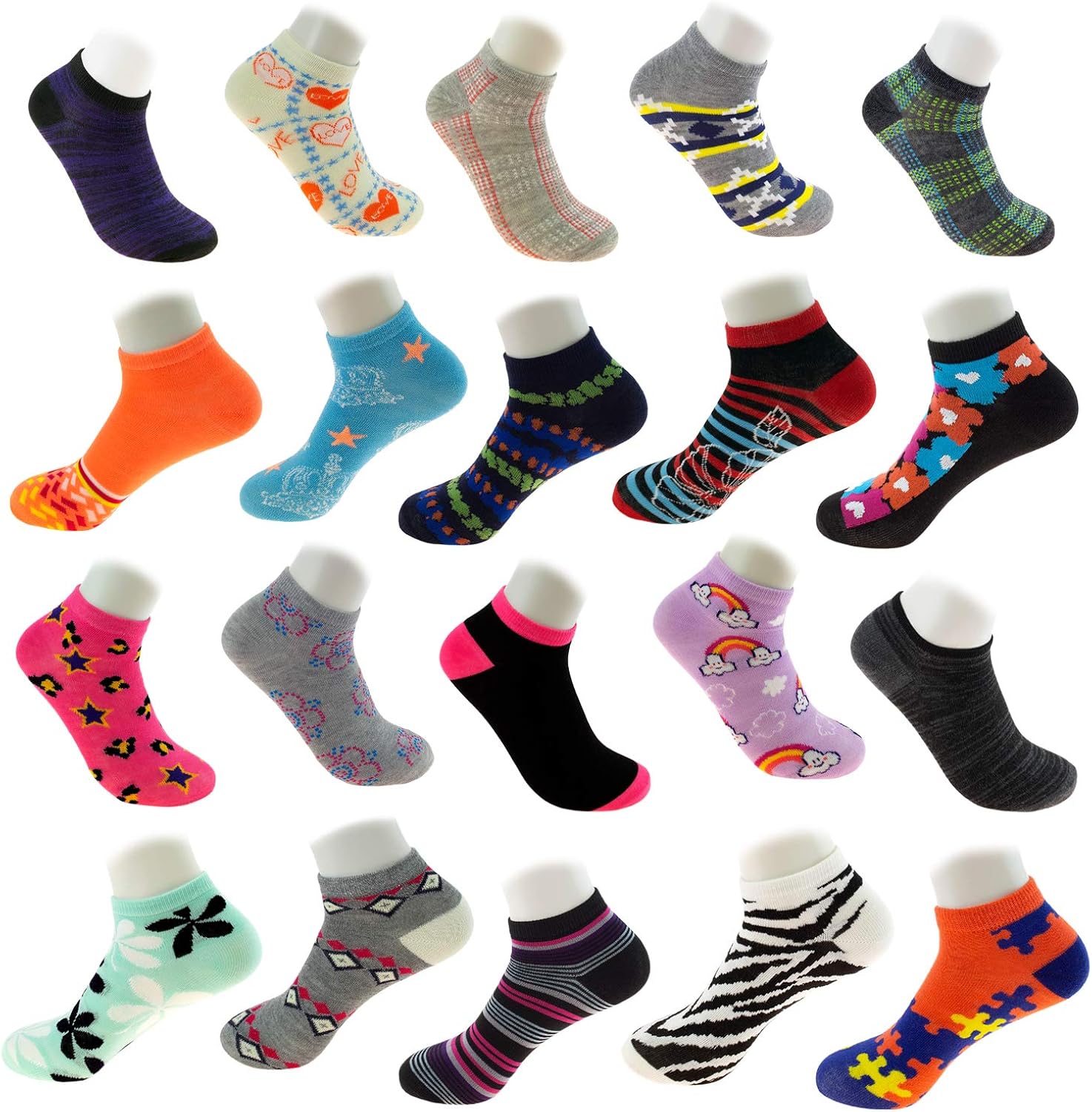 Women's Socks - Ankle Cut, Low Cut, No Show, Footie, Casual, Sport, Athletic Girls Socks in Colorful Patterns: Clothing