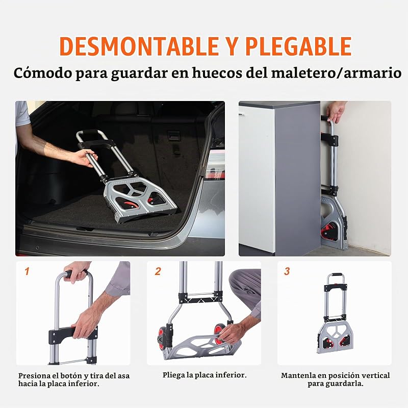 Carretilla de Mano Plegable de Aluminio Carga de 80 kg Carro de Mano de Alta Resistencia con Ruedas de Goma Mango Telescópico para Transporte Doméstico, Mercancías de Almacén Supermercado