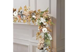 VOFULY Fall Garland - 6Ft Autumn Maples Leaf Pumpkins Berry Garland - Thanksgiving Halloween Mantle Fireplace Table Decor with Black White Bow Farmhouse Harvest Decorations for Home Outdoor Indoor Porch