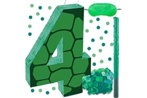 RUISUER 16 Inch Turtle Number 4 Pinata, Turtle Birthday Decorations, Turtle Theme Pinata with 16 Inch Stick Blindfold Confetti for Boy Girl Kids 4th Birthday Party Supplies(4th)