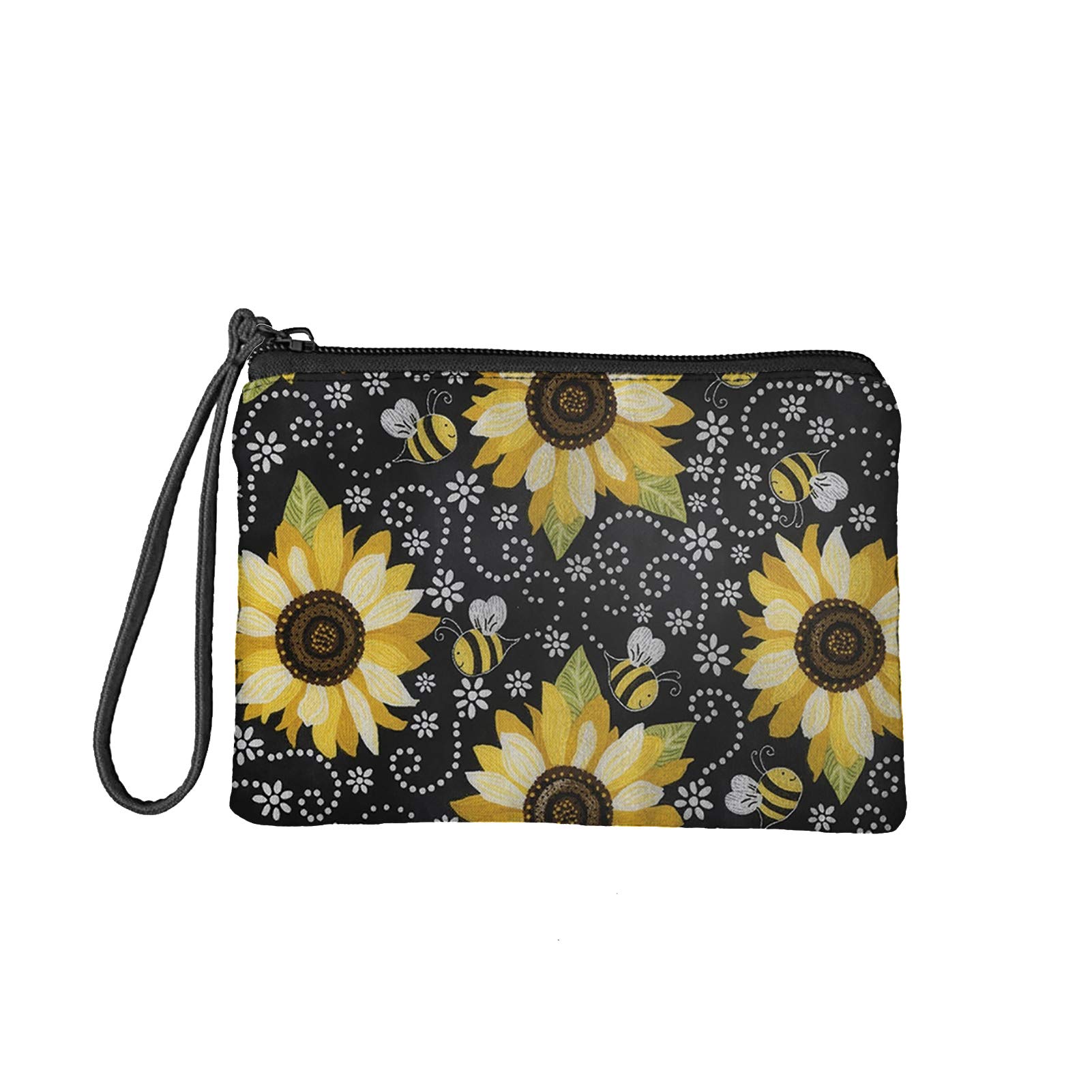 COEQINE Sunflower and Bees Print Wallet with Zipper Coin Purse for Women Small Pouch Mini Tote Bag Handbag Key Card Holder Organizer