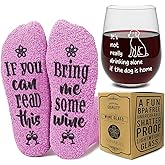 FUNNY WINE GLASSES + WINE SOCKS -16 oz Unbreakable Stemless Wine Glass With Sayings & Fuzzy Girl Socks “If You Can Read This, Bring Me Some Wine"