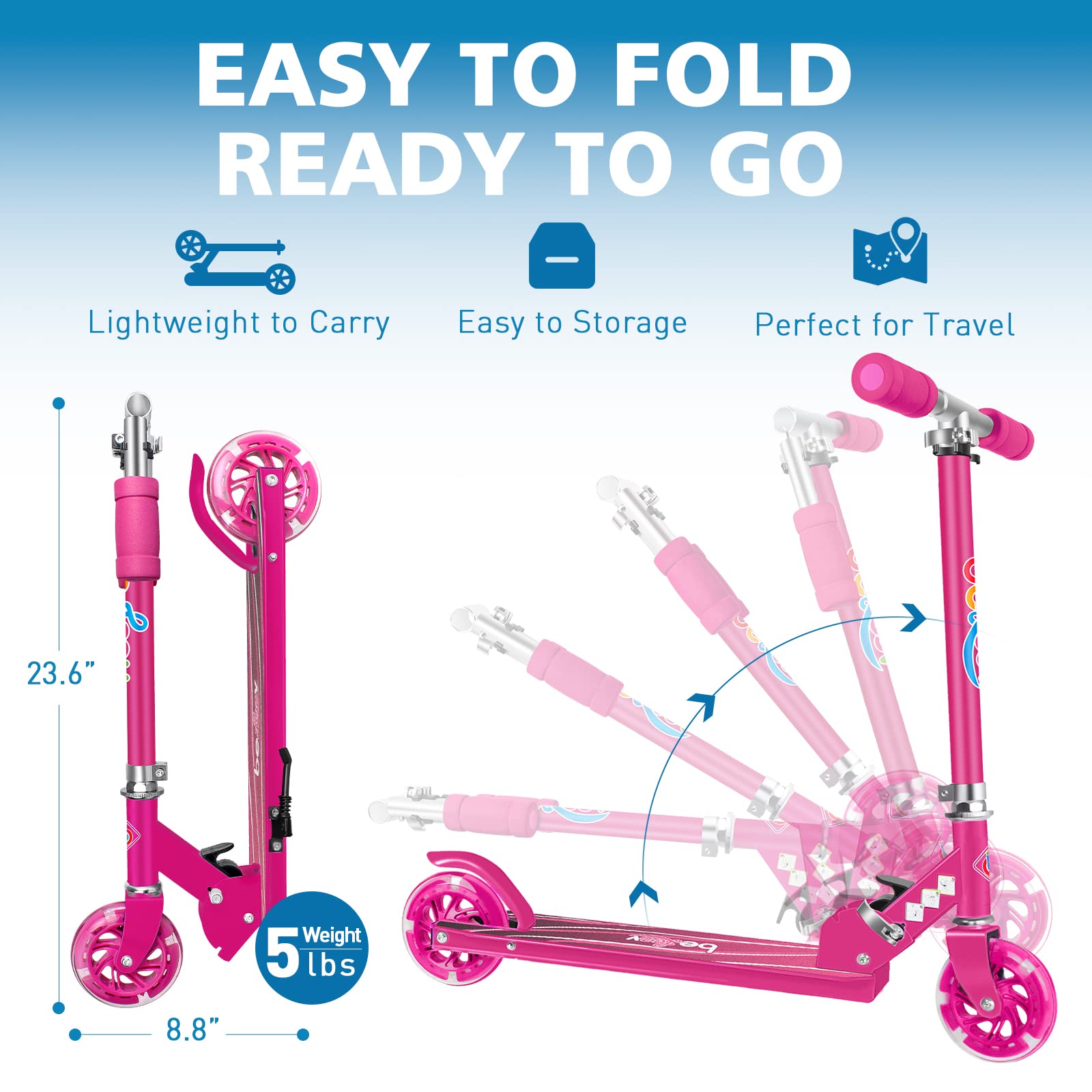 BELEEV V1 Scooters for Kids, 2 Wheel Folding Kick Scooter for Girls Boys, 3 Adjustable Height, Light Up Wheels, Lightweight Scooter with Sturdy Frame, Kickstand for Children 3 to 12 Years Old