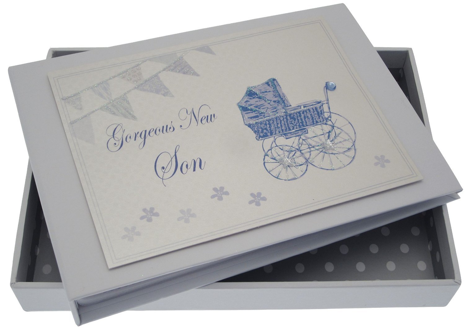 White Cotton Cards New Son Tiny Album (Blue Pram and Bunting)