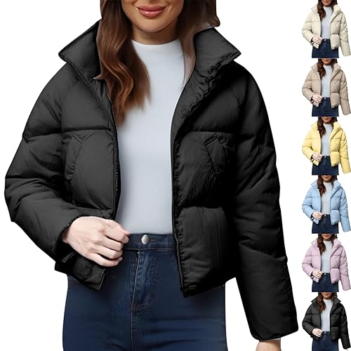 Women's Cropped Puffer Jackets Winter Warm Down Jacket Zip Up Quilted Padded Coats Lightweight Loose Fit Coat Ladies Casual Short Jackets with Pockets