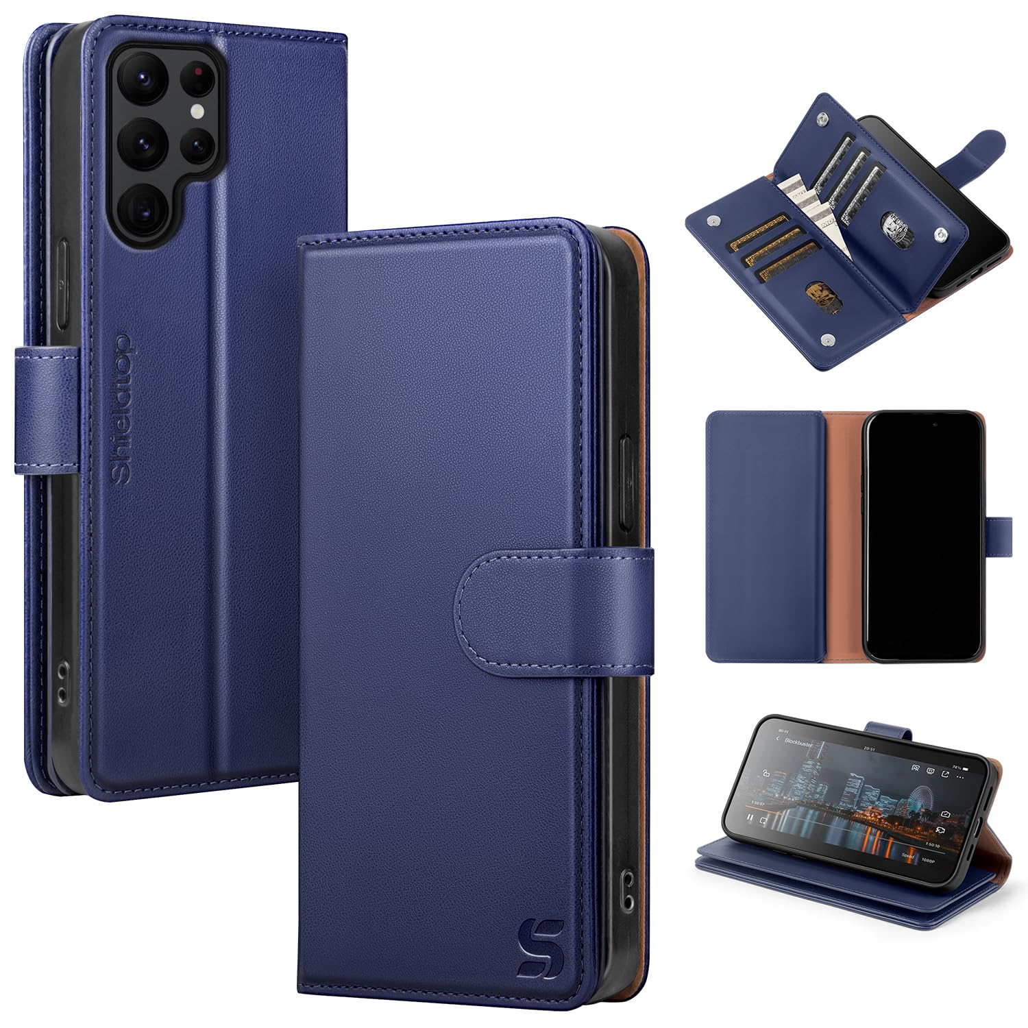 Shieldtop Compatible with Samsung Galaxy S22 Ultra 5G Wallet Case with Card Holder,Women Men RFID Blocking PU Leather Flip TPU Protective Cover Credit Card Slots,Phone Case for S22 Ultra,Dark Blue