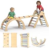 CMFYDAILY Large Pikler Triangle Set, 7-in-1 Toddler Climbing Toys Indoor, Wooden Montessori Climbing Set with Arch Ramp Ladder, Foldable Baby Jungle Gym Playground (Rainbow)