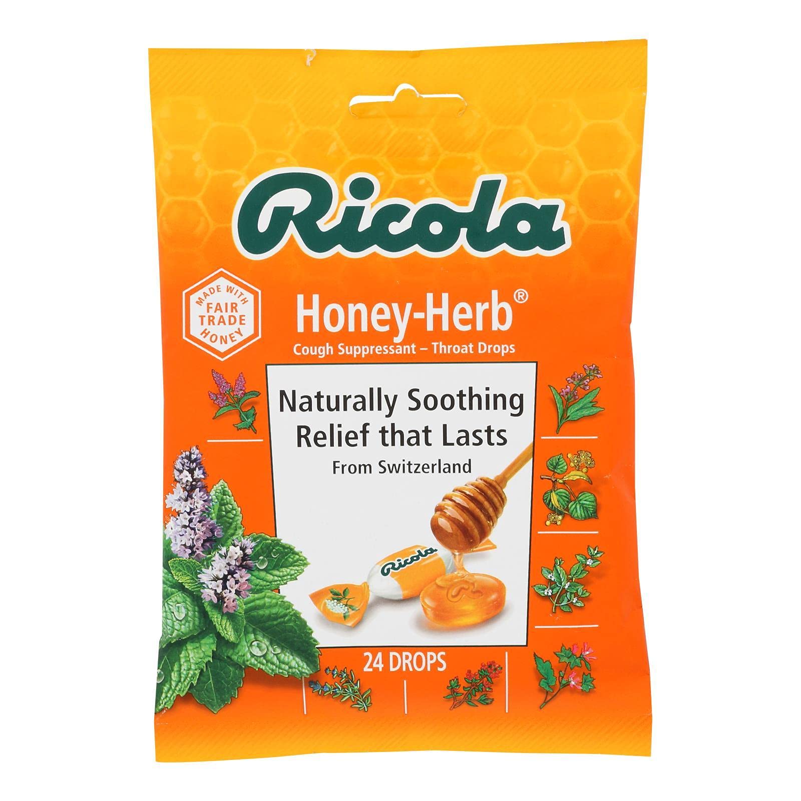 Ricola Honey Herb Cough Suppressant Throat Drops | Naturally Soothing Long-Lasting Relief - 24 Count (Pack of 12) Bags