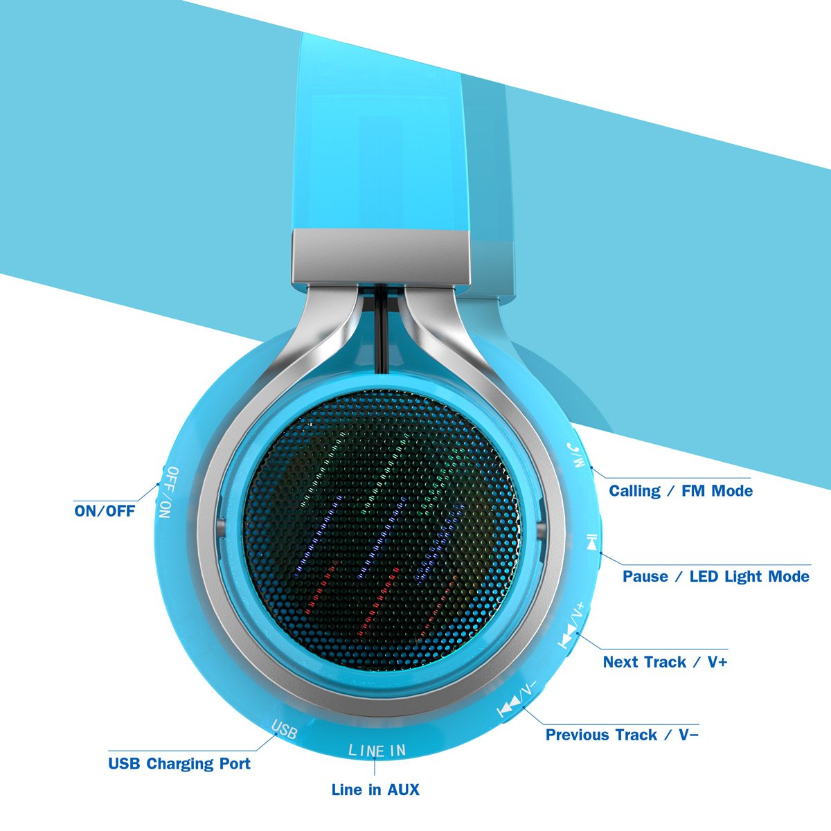 Excelvan Wireless Bluetooth Over Ear Headphones with Flashing Light for Kids Children Support FM Radio TF Card for iPhone 8 7 7plus ipad Tablet Samsung Android Phones (Blue)