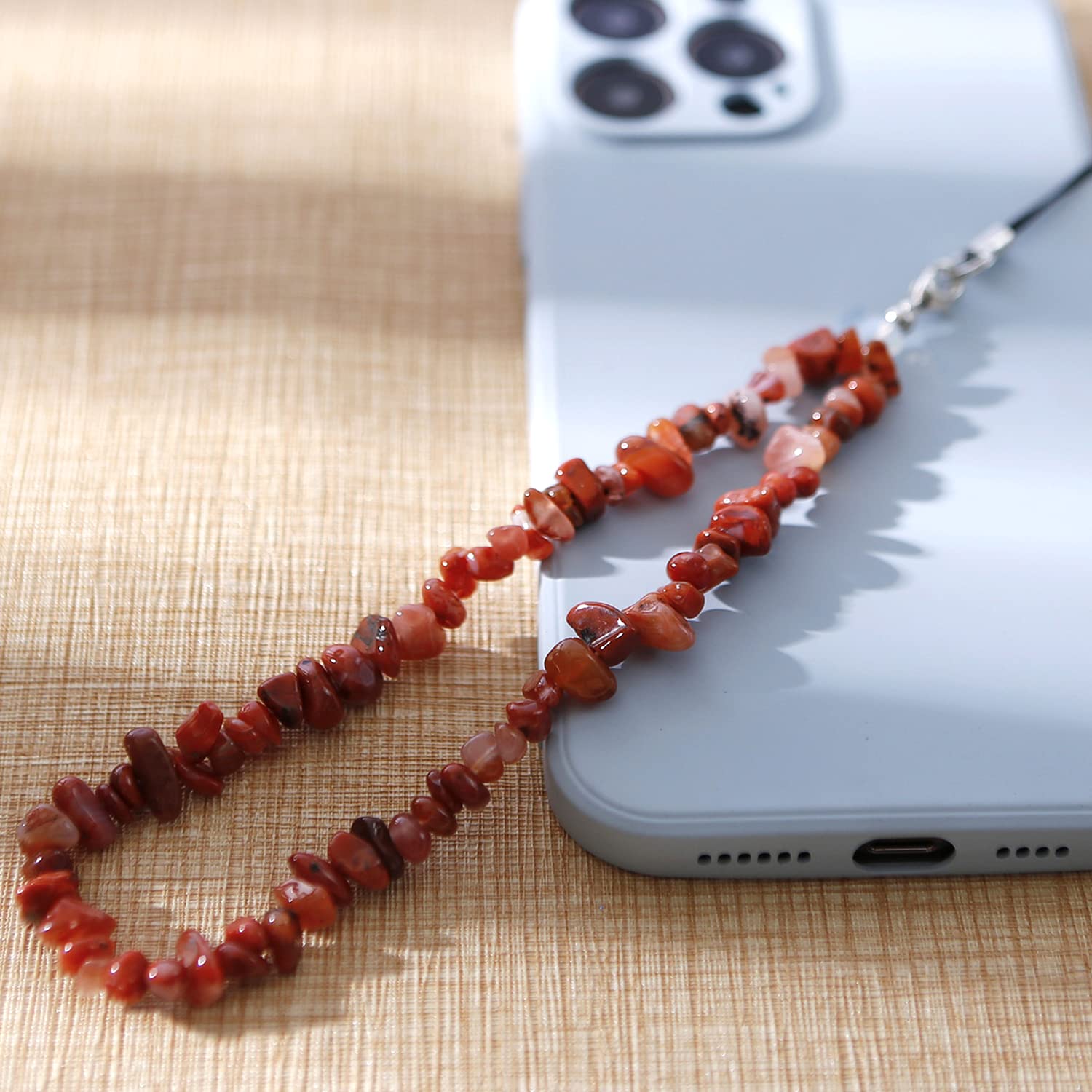 Colourful Natural Crystal Stone Gravel Mobile Phone Chain,Universal Mobile Phone Hand Strap Mobile Phone Charm Wrist Mobile Phone Lanyard Beads Chain Key Bags Mobile Phone Pendant,Red