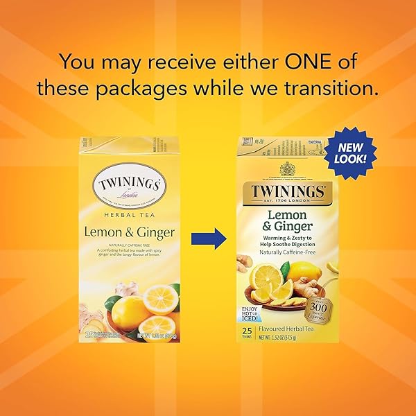 TWININGS OF LONDON LEMON & GINGER HERBAL TEA BAGS, 25 COUNT