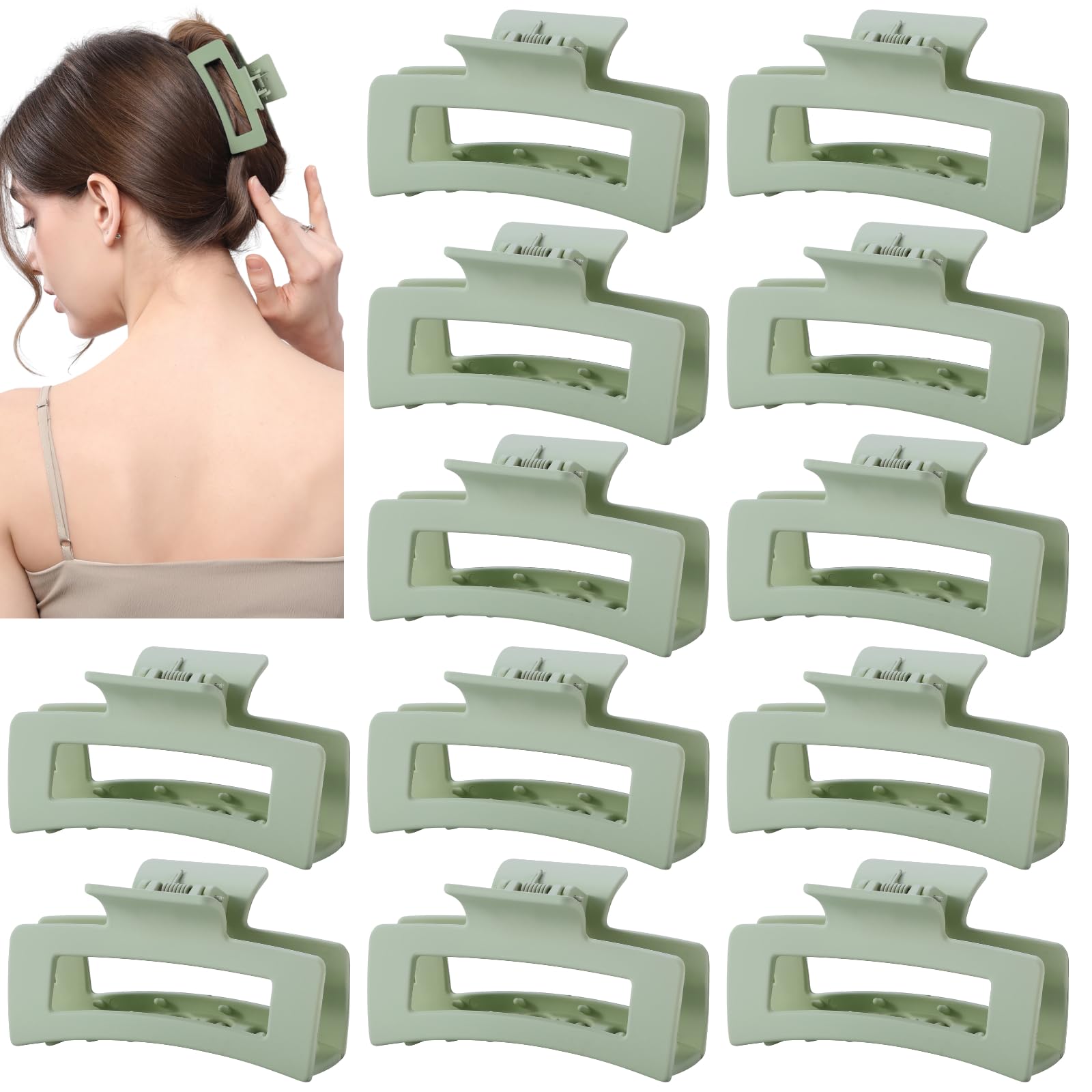 Photo 1 of 12 Pcs Sage Green Hair Claw Clips for Women, 3.5 Inch Matte Square Jaw Clips, Non-Slip Medium Hair Accessories for Bridesmaids, Wedding Guests, and Daily Styling