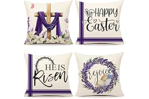 4TH Emotion Easter Throw Pillow Covers 18 x 18 Inch Set of 4, He is Risen Spring Farmhouse Holiday Purple Cushion Case for Home Sofa Couch Decoration TH177