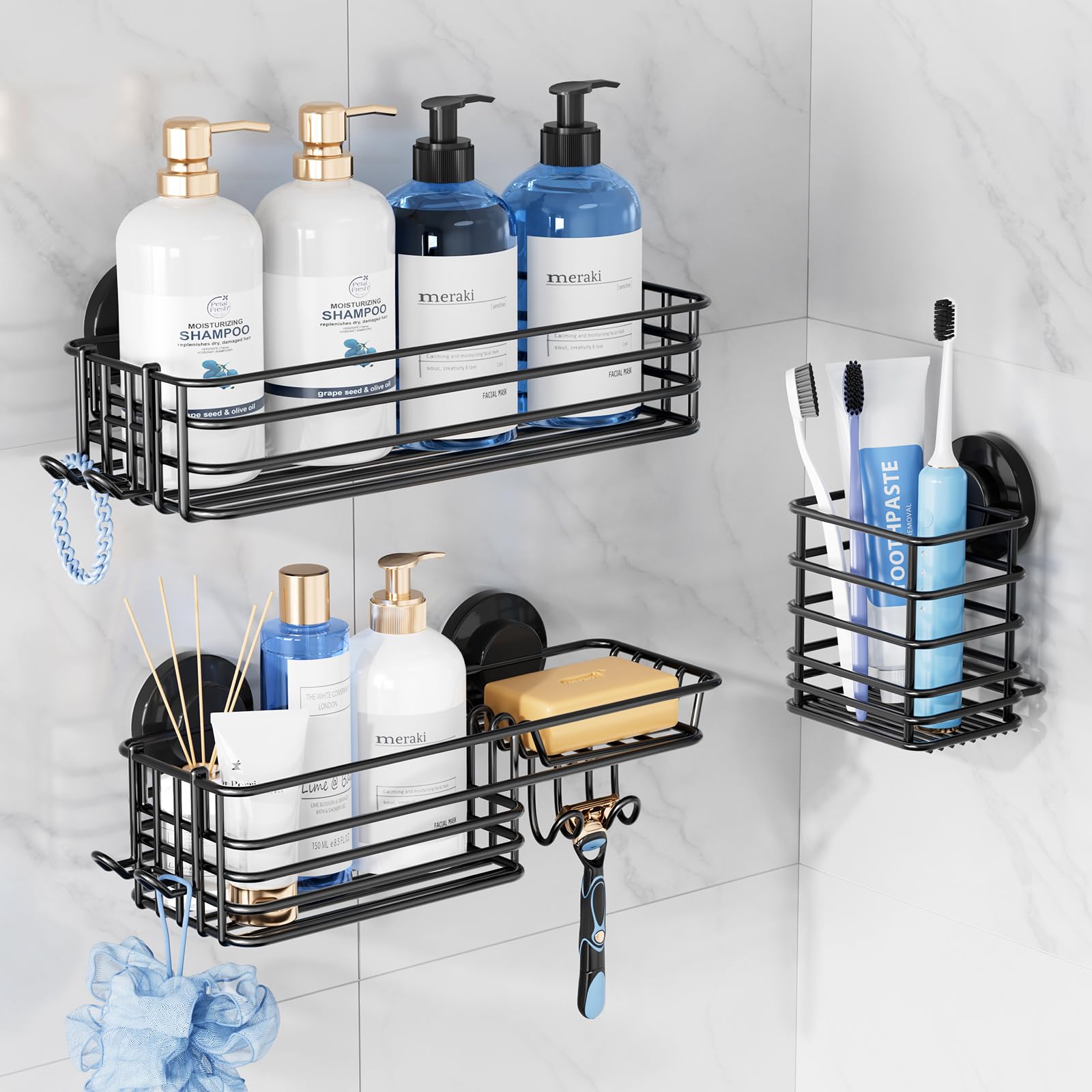 Photo 1 of TAILI Shower Caddy Suction Cup, 3 Pack Shelves for Inside with Hooks & Soap holder Toothbrush Cups, Removable Bathroom Organizer, Rustproof Black Holder Storage-Black