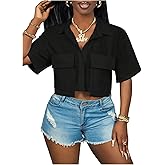WDIRARA Women's Button Down Asymmetrical Blouse Short Sleeve Collared Crop Tops