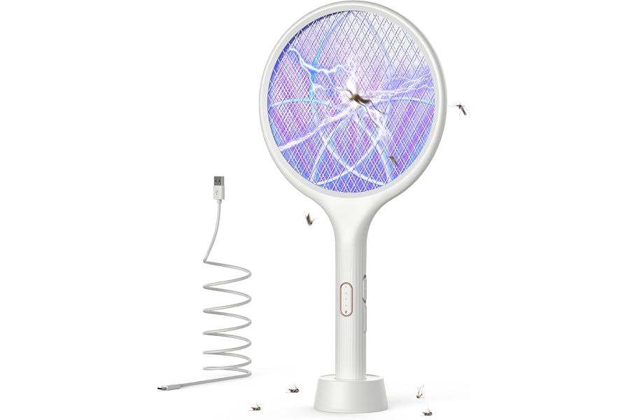 YISSVIC Electric Fly Swatter 4000V Bug Zapper Racket Dual Mode (1, White) | Auto Manual Mode, Purple Attractant Light, Rechargeable, Indoor & Outdoor Home Camping Yard Use