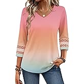 Zeagoo 3/4 Length Sleeve Womens Tops V Neck Dressy Casual Blouses Trendy Eyelet T Shirts Work Clothes S-XXL