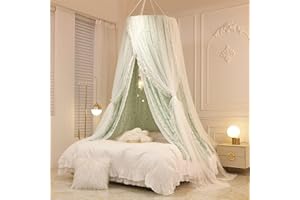 VETHIN Double Layer Princess Round Dome Canopy Bed Curtain for Girls Adults,Children Dreamy Mosquito Net,Cute Bedroom Decoration Castle Play Tent Reading Nook Canopies (Green Flowers/White)