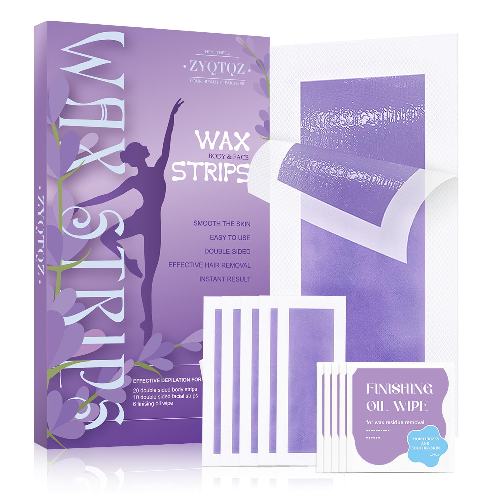 Photo 1 of Wax Strips for Hair Removal - 60 Count (40 Body + 20 Face Strips) with 10 Soothing Oil Wipes, At-Home Waxing Kit for Women & Men - Legs, Bikini, Underarms, Face (60 Count (Pack of 1), Lavender)