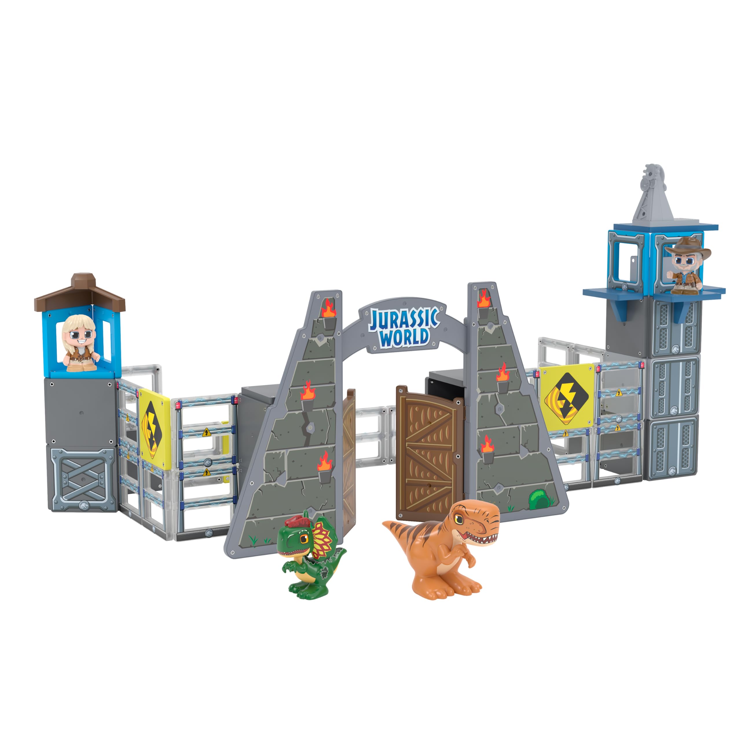 Tile Town Jurassic World Gate Escape Magnetic Tiles Construction Building Set and Figures, Kids 3-5+, New ACTION TILES for Action Play, Realistic Builds, STEM Creative Toy