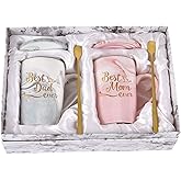 YHRJWN Best Dad and Mom Marble Ever Coffee Mug Set - with Gift Box Coaster Spoon for Christmas Birthday Parent Gift from Daughter Son 14 Oz Each