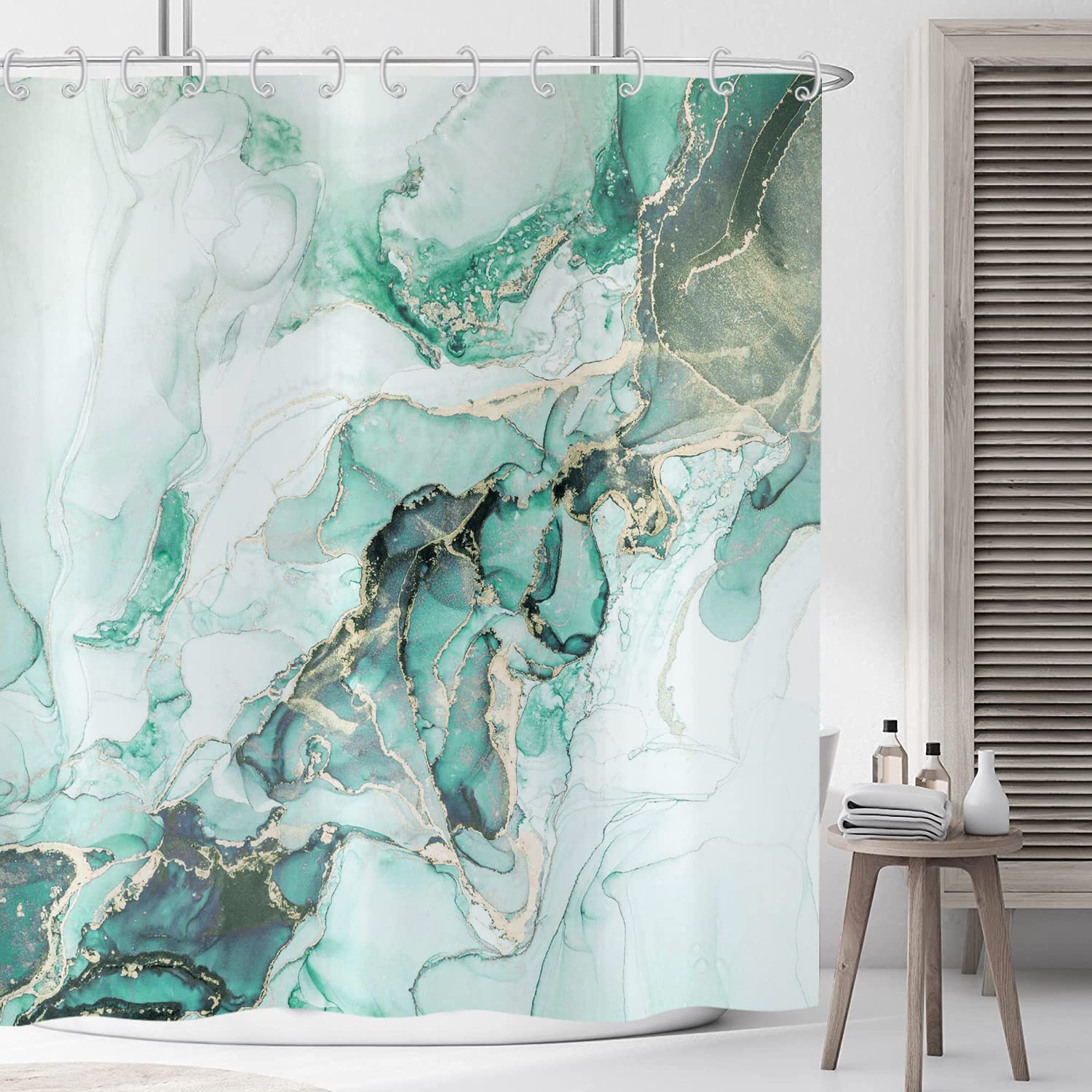 ASDCXZ Shower Curtain Marble 180x200 cm, Modern Abstract Turquoise Gold White Marble Optic Texture Washable Fabric Shower Curtains Polyester Textile Waterproof Shower Curtain for Bathtub with 12 Hooks — image 1