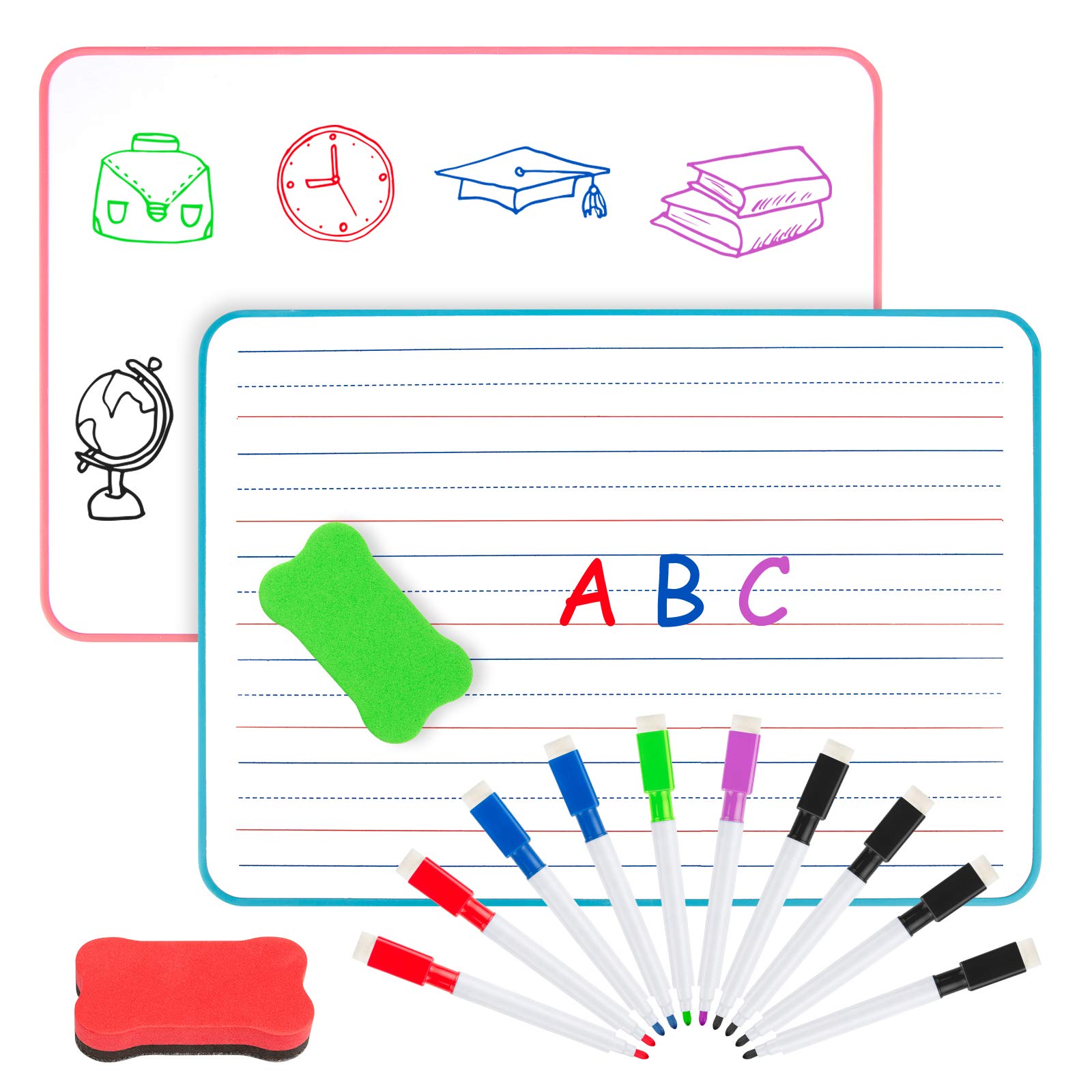 IKAYAS Dry Erase Lapboard White Board Mini Whiteboards with 10 Markers, Kids Lined Board for Learning Writing, Double Sided-(9 X12 in), for Kids Students Teachers School Home Kitchen Office, Set of 2