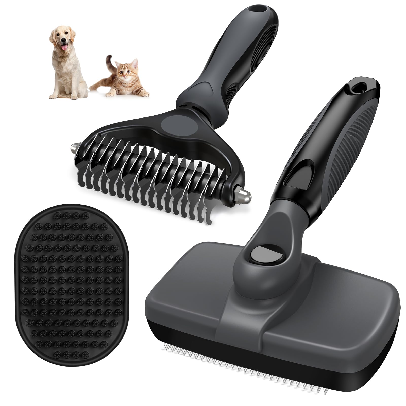 Photo 1 of 3PCS Self Cleaning Slicker Brush & Pet Grooming Rake & Bath Brush for Dogs and Cats | Double-Sided Dematting Pet Comb & Skin Friendly Deshedding Grooming Tool | Premium Pet Supplies?Gray Black)
