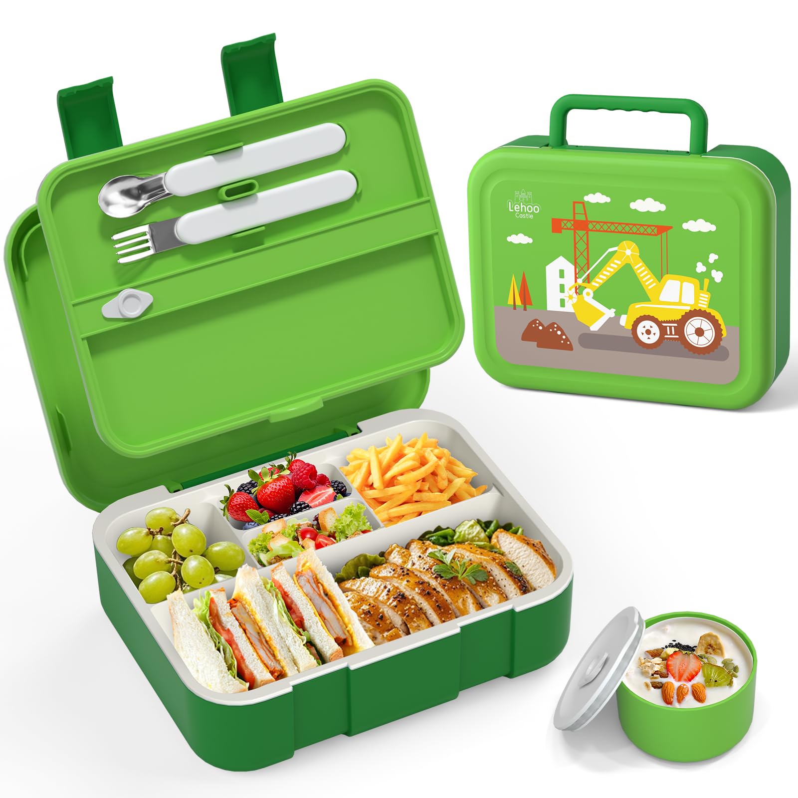Lehoo Castle Kids Lunch Box with 5 Compartments, 1250mL Bento Lunch Box for Kids with Cutlery, Bento Box Lunch Containers for Boys, Leak-Proof, BPA Free, Microwave Safe(Excavator)