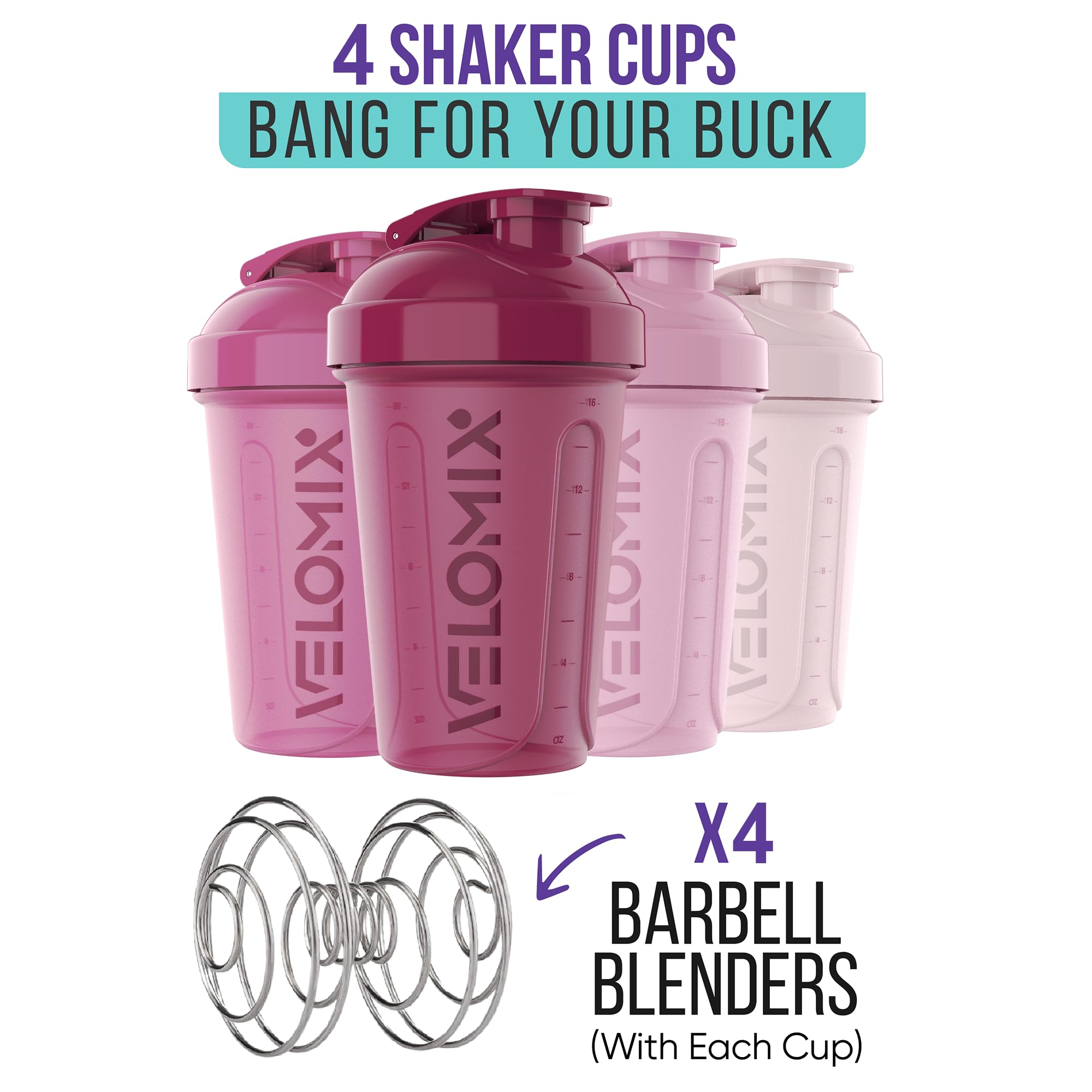 VELOMIX 4 PACK- 20 OZ Protein Shaker Bottles for Protein Mixes, Shaker Cups for Protein Shakes, Small Shaker Bottle Pack, Shaker Cup, Shakers for protein Shakes (Berry Blend)